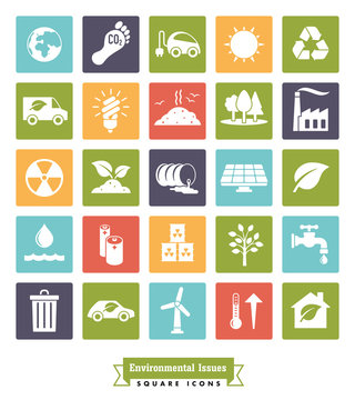 Environmental Issues solid color square icons set. Collection of Environment and Climate related vector icons