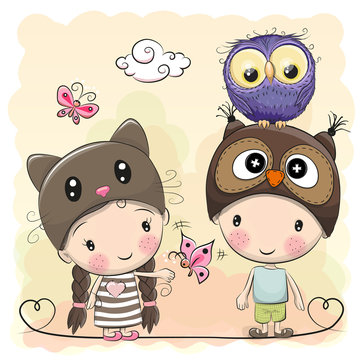 Boy and Girl with Cute Owl