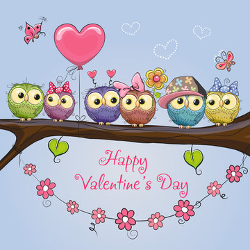 Valentines card with cute Owls