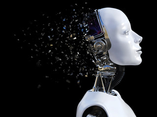 3D rendering of female robot head that shatters. - obrazy, fototapety, plakaty