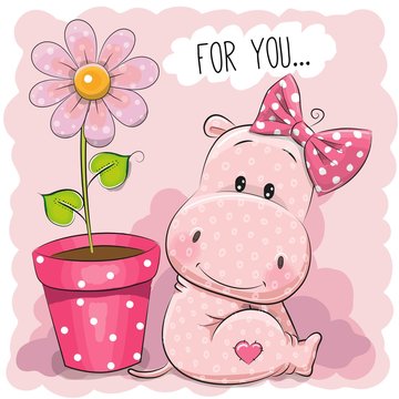 Greeting card Hippo girl with flower
