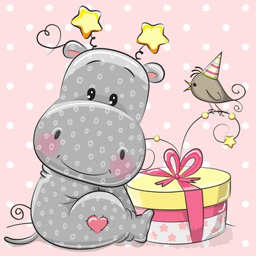 Greeting card cute hippo with gift