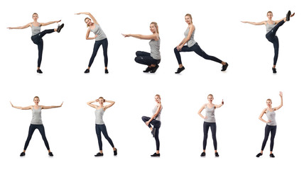 Young woman doing sports isolated on white