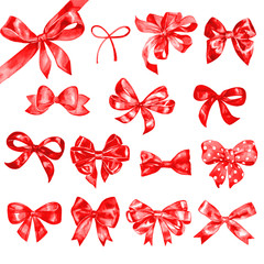 Watercolor red satin bow set. Hand painted illustration.