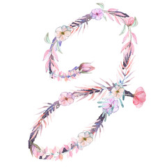 Capital letter J of watercolor pink and purple flowers, isolated hand drawn on a white background, wedding design, english alphabet for the festive and wedding decor and cards