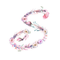 Capital letter S of watercolor pink and purple flowers, isolated hand drawn on a white background, wedding design, english alphabet for the festive and wedding decor and cards