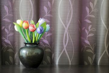 Fototapeta na wymiar Tulips made of wood furnishings.