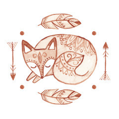 Fototapeta premium Vector watercolor illustration with tribal ornaments and objects