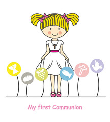 my first communion girl. Girl with communion suit and religious icons
