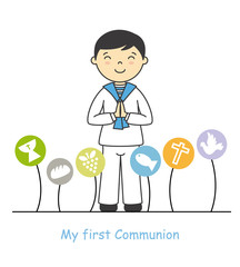 my first communion boy. Boy with communion suit and religious icons