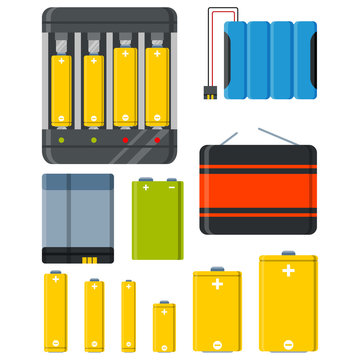 Battery and accumulator colourful set isolated vector illustration