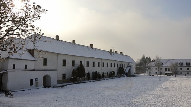 Entrance to castle and Doboo Mansion in Castle Levice, Slovakia during winter season.
