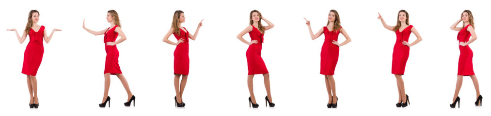 Fototapeta premium Young woman in red dress isolated on white