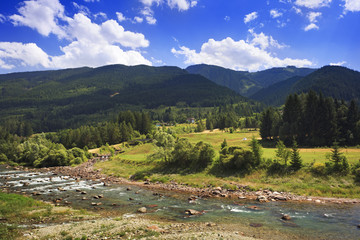 Fototapeta na wymiar Peaceful alpine plateau with fir-trees, blue sky and river