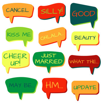Set of speech bubbles on a white background with different inscriptions in the middle. Speech bubbles with short phrases. Vector illustration.
