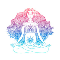 Hand drawn vector illustration of pregnant woman sitting in lotus pose yoga