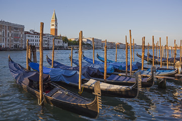 Traditional Venetian gondolas anchored near wooden piles on Grand Canal