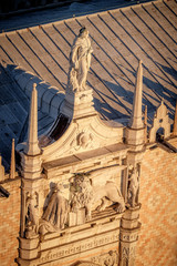 Naklejka premium Panoramic aerial cityscape of Venice,with rooftops, the sea at sunset, Veneto, Italy.