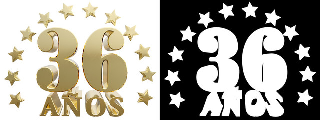 Golden digit thirty six and the word of the year, decorated with star. Translated from the Spanish. 3D illustration