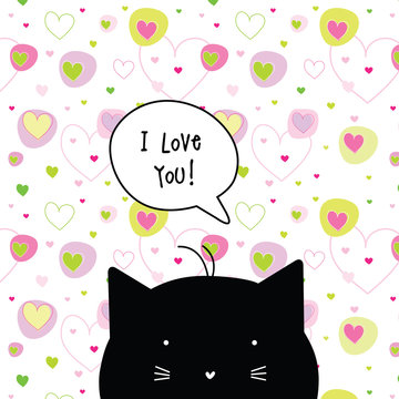 Valentine's card with copy space. I love you. Cat character. Seamless pattern at the background.