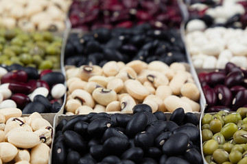 Kidney beans background, assortment haricot - red, black, white, mung  in square cells macro. Healthy protein food.