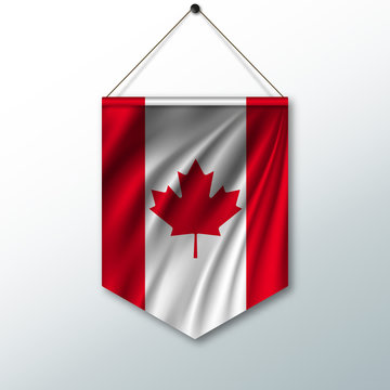The national flag of Canada. The symbol of the state in the pennant hanging on the rope. Realistic vector illustration.