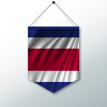 The national flag of Costa rica. The symbol of the state in the pennant hanging on the rope. Realistic vector illustration.