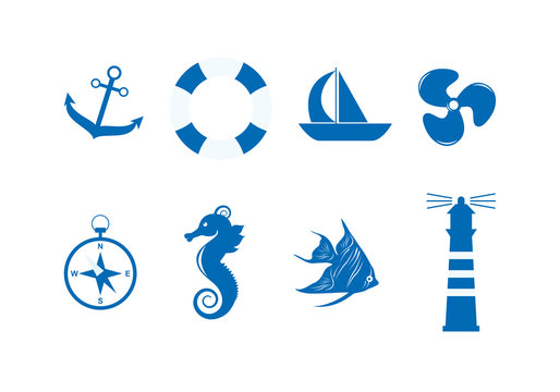 Marine icon set vector. Collection of blue sailor icons