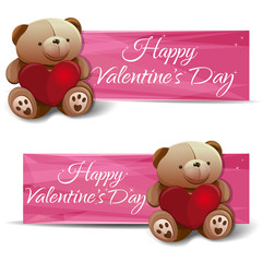 Banner set with a Teddy bear, heart, and congratulations on Valentine's Day. Teddy bear with red heart. Pink banners for Valentine's Day. Vector illustration