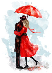 romantic couple under an red umbrella. Kiss. Watercolor lovely illustration for valentine's day. Young Man and woman in dress and shoes. Smooch. background with splash paint. Love