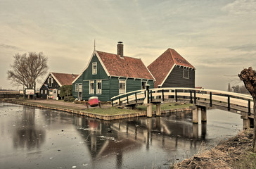 Typical Dutch landscape at De Zaanse Schans, a historical Dutch rural village.