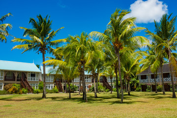 Beach bungalows in tropical garden on southern coast of Mauritiu