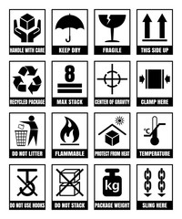 Packaging signs isolated on white background such as FRAGILE, HANDLE WITH CARE, KEEP DRY, THIS SIDE UP, FLAMMABLE, RECYCLED, PACKAGE WEIGHT, DO NOT LITTER, MAX STACK, CLAMP and SLING HERE, and others