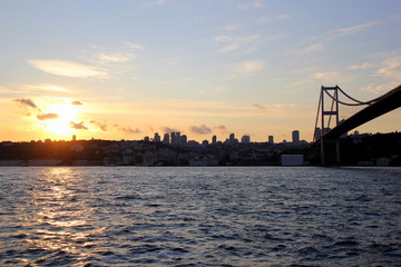 Travel to Istanbul, Turkey. The sunset on the Bosphorus with the view on the bridge.