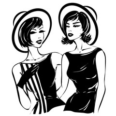 Two retro fashion woman, black and white portrait, vector