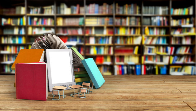 E-book reader Books and tablet 3d render Success knowlage concep