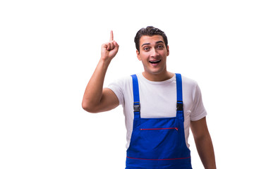 Handsome repairman wearing blue coveralls on white