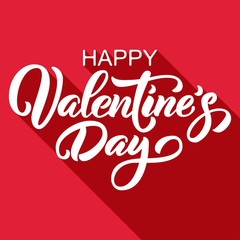 Happy Valentine's Day hand drawn brush lettering with long shadow, isolated on rich red background. Perfect for holiday flat design. Vector illustration.