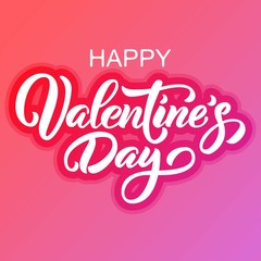 Happy Valentine's Day hand drawn brush lettering with shadow, isolated on rich gradient magenta background. Perfect for holiday flat design. Vector illustration