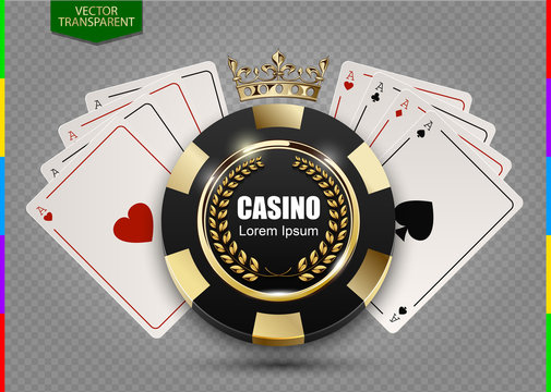 VIP poker luxury black and golden chip in golden crown with ace card vector casino logo concept. Royal poker club emblem with laurel wreath isolated on transparent background