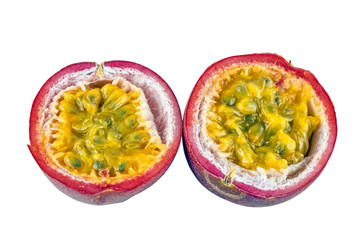 Halved Passion Fruit Seed and Texture on White