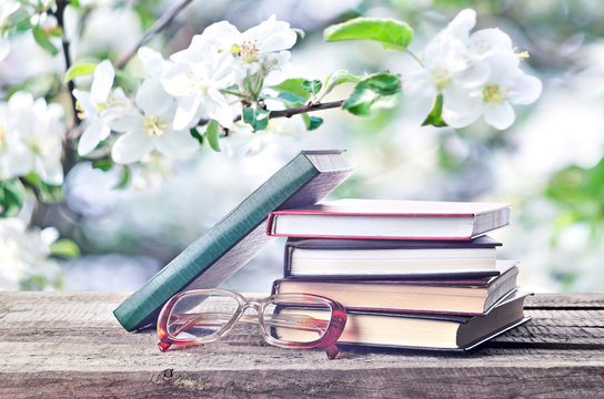 Pile of books and glasses outdoors spring or summertime
