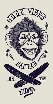 good vibes happen on the tides happy monkey face print.