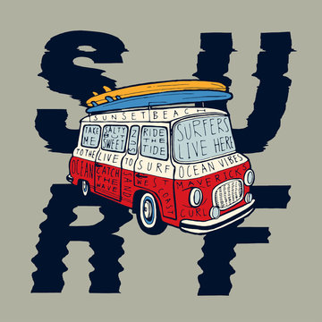 surf - vintage colorfull bus with bright surfboards on its top