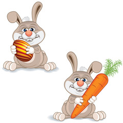 Cartoon Bunny with Big Carrot and Painted Egg