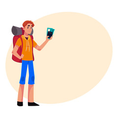 Young traveler, backpacker, hitchhiker standing and holding tickets and passport, cartoon illustration on background with place for text. Young man with backpack, passport and tickets ready for flight