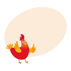 Funny cartoon red and orange chicken, hen pointing to something with wing, cartoon vector on background with place for text. Cute and funny colorful chicken looking and pointing to something