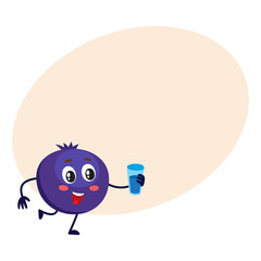 Cute and funny comic style blueberry character holding glass of water, milk, juice, cartoon vector on background with place for text. Ripe blueberry character, mascot with big eyes