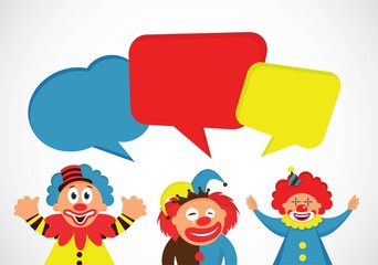 set of colorful clowns with speech bubbles