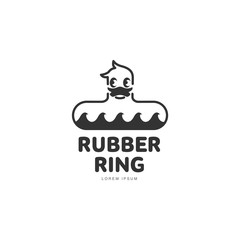 Logo template with rubber duck swimming ring, front view, vector illustration isolated on white background. Graphic dack shaped rubber ring with stylied waves logotype, logo design